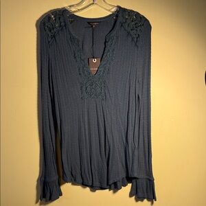 Lucky Brand Dark Teal Lace Accent Blouse NWT M